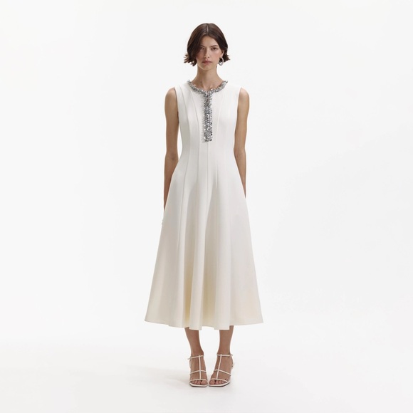 NWT Self Portrait Crepe Embellished Midi Dress in Cream Size 0‎
